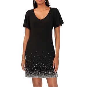 MSK Petite Rhinestone Embellished Flutter-Sleeve Dress Black Size MP